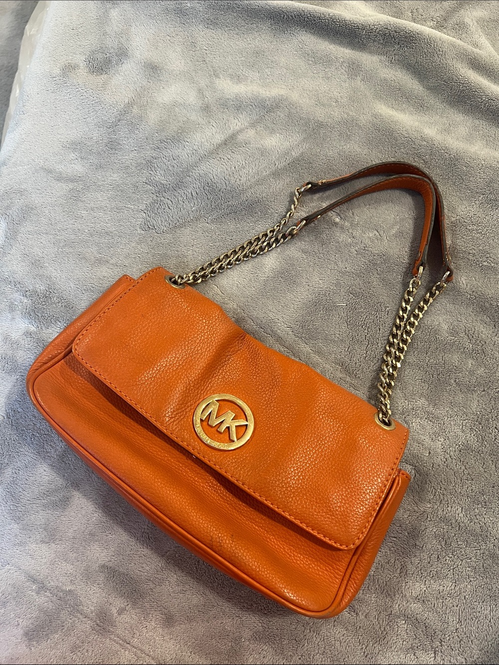 Michael Kors Orange Pebbled Leather Shoulder Bag with Gold MK Emblem